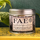 Soy wax candle in a metal tin with label 'FAE'. Text on label is Nagarmotha wood, Saffron & Green Stems. Tin candle is sitting on a yellow book with decorative cover. Beside the candle are some green leaves. The backdrop in the image is a dark green texture.