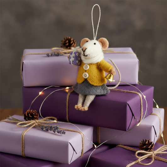 A wool felt mouse dressed in a yellow coat, holding a wrapped gift and a bell, sitting on a stack of purple gift boxes.