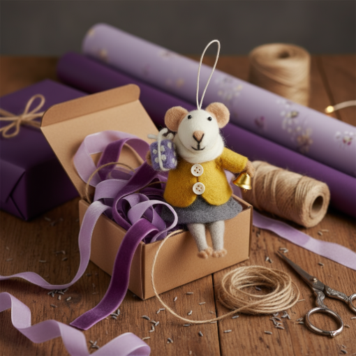 Small felt mouse figurine in a yellow coat with gift wrap and ribbons on a wooden surface.
