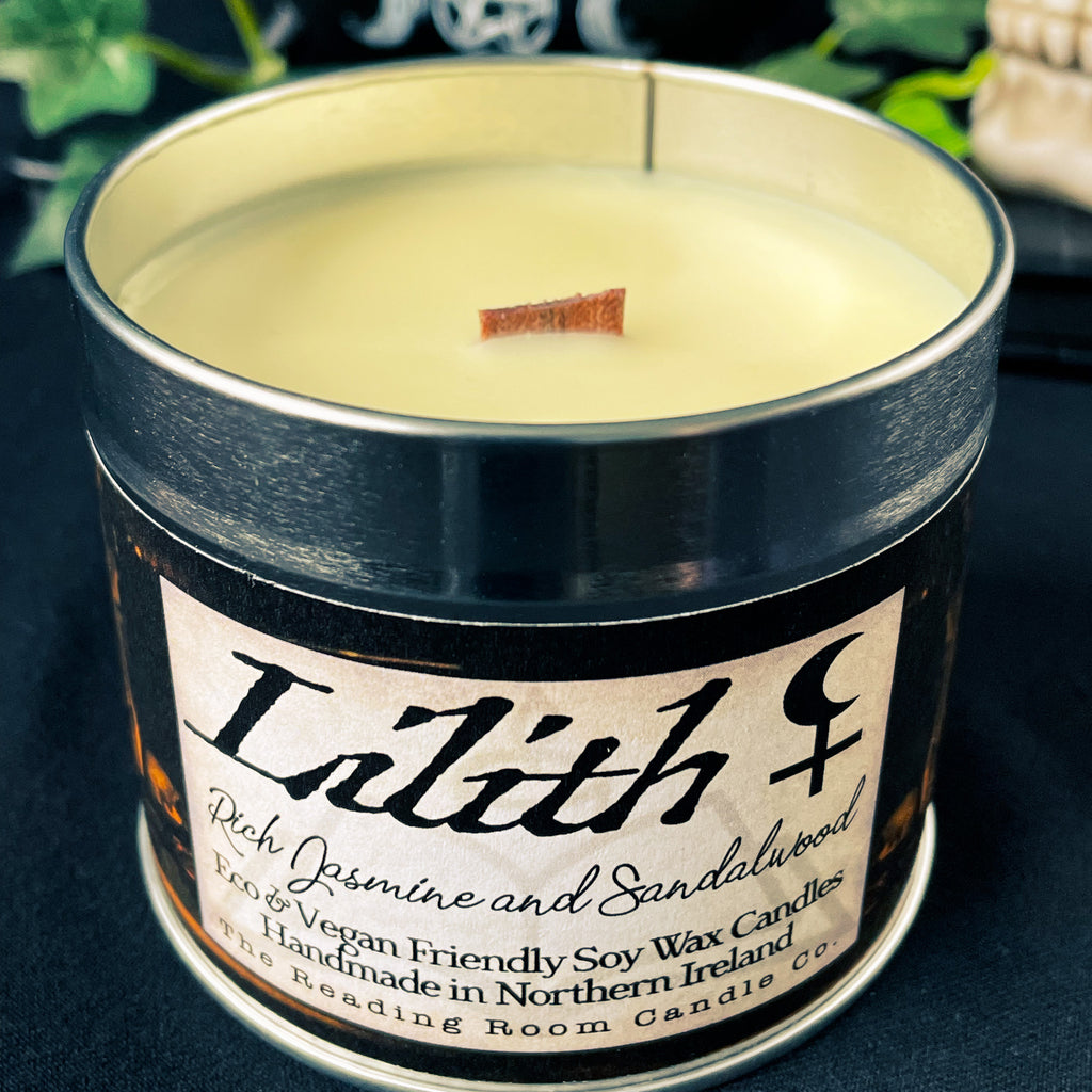 Handmade soy wax candle called Lilith. Rich jasmine and sandalwood scent. Tin candle with witchy inspired label. Eco-friendly and vegan.